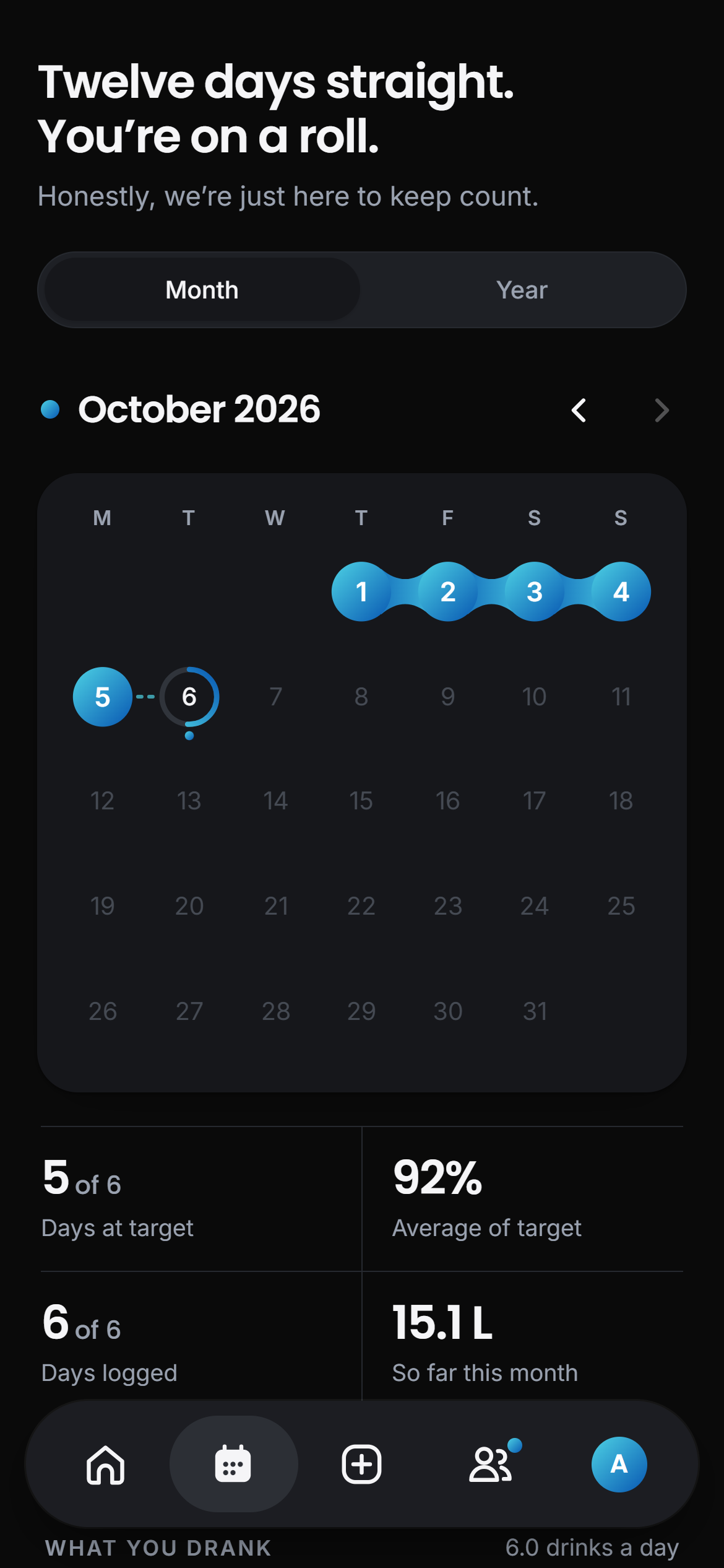 History: a month calendar and a twelve-day streak