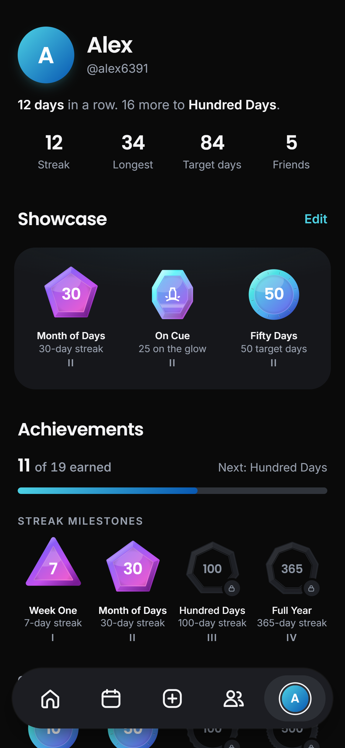 Profile: a twelve-day streak and pinned badges