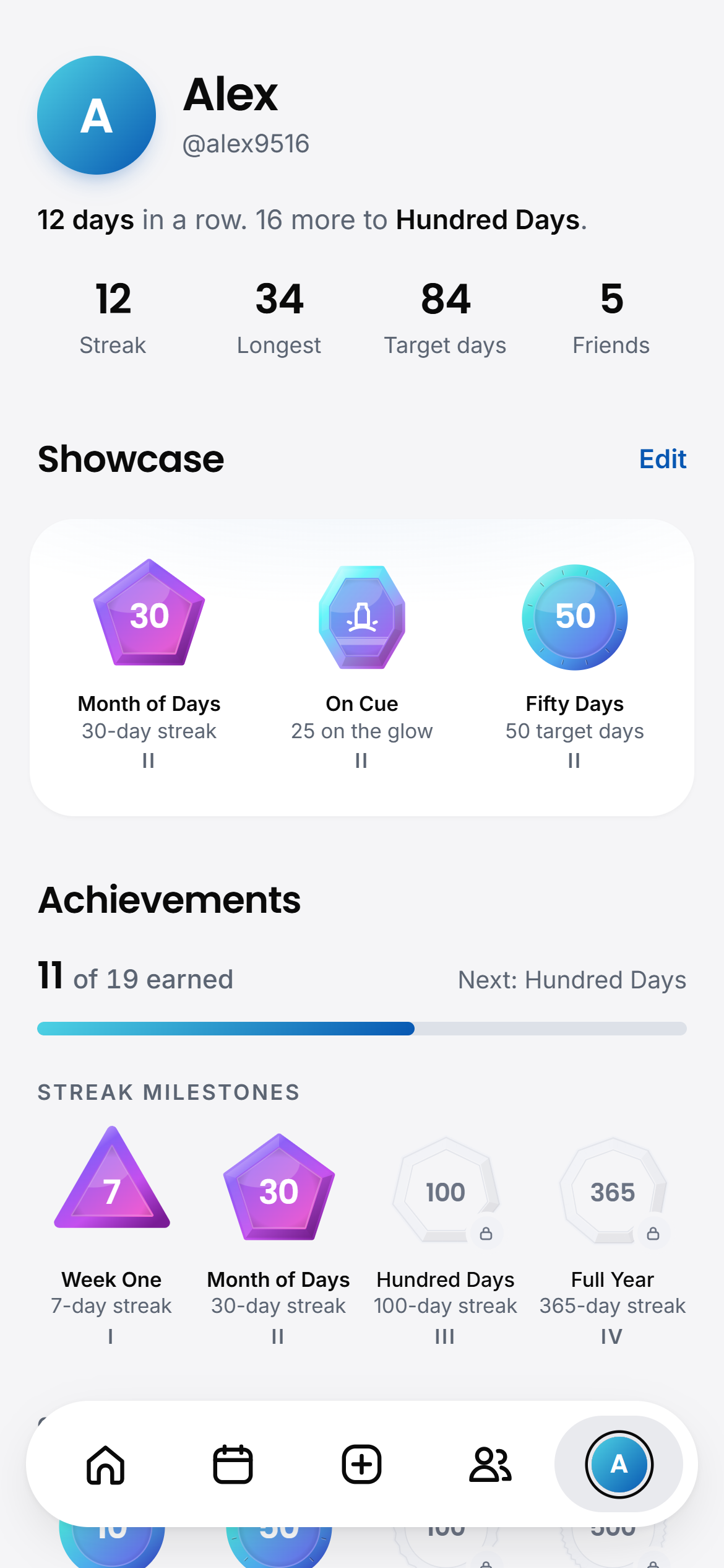 Profile: a twelve-day streak and pinned badges