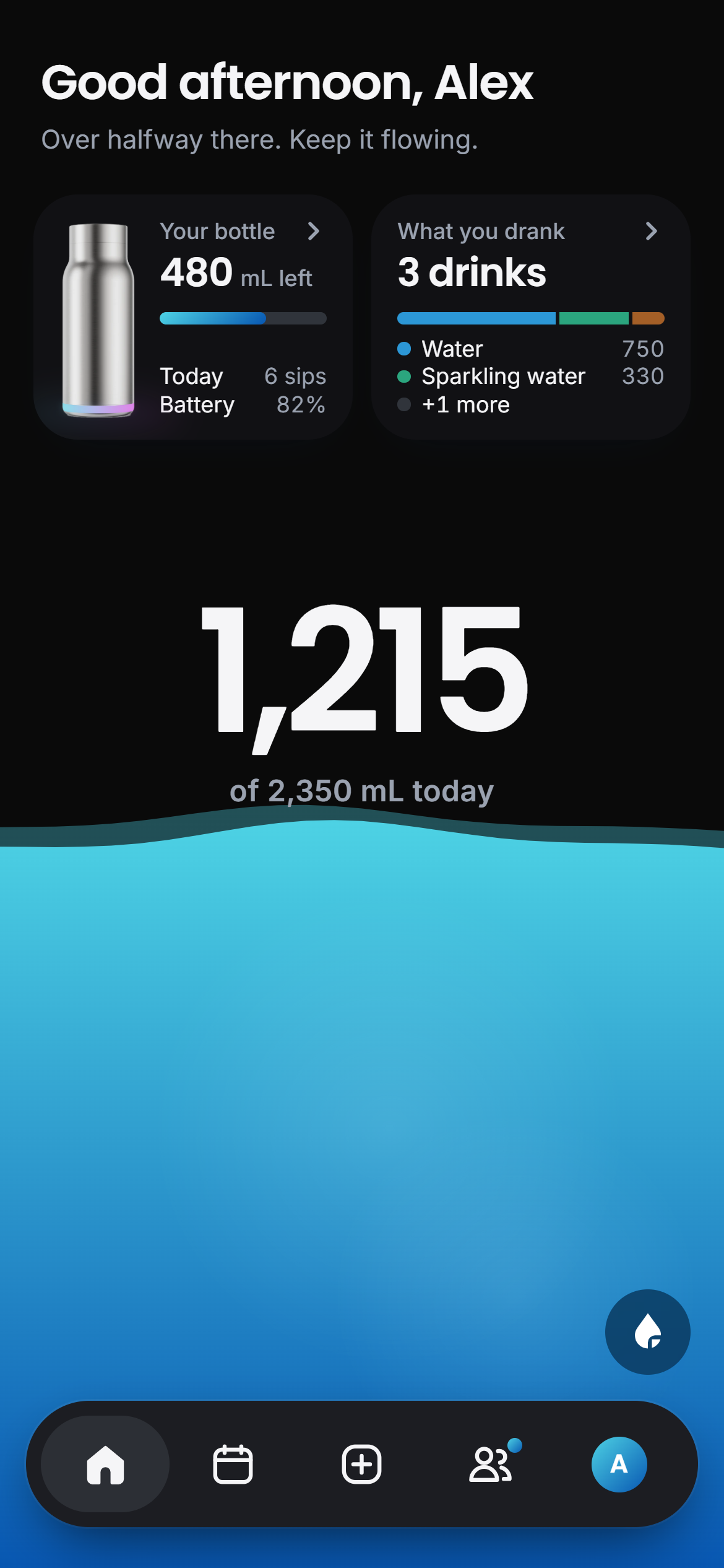 Home: 1,215 of 2,350 mL today, with the bottle card showing 480 mL left