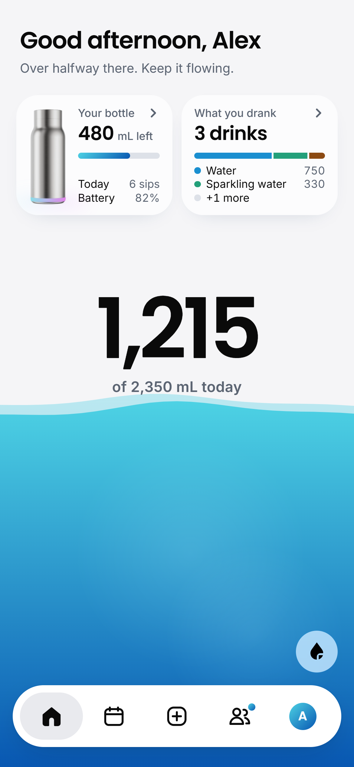 Home: 1,215 of 2,350 mL today, with the bottle card showing 480 mL left